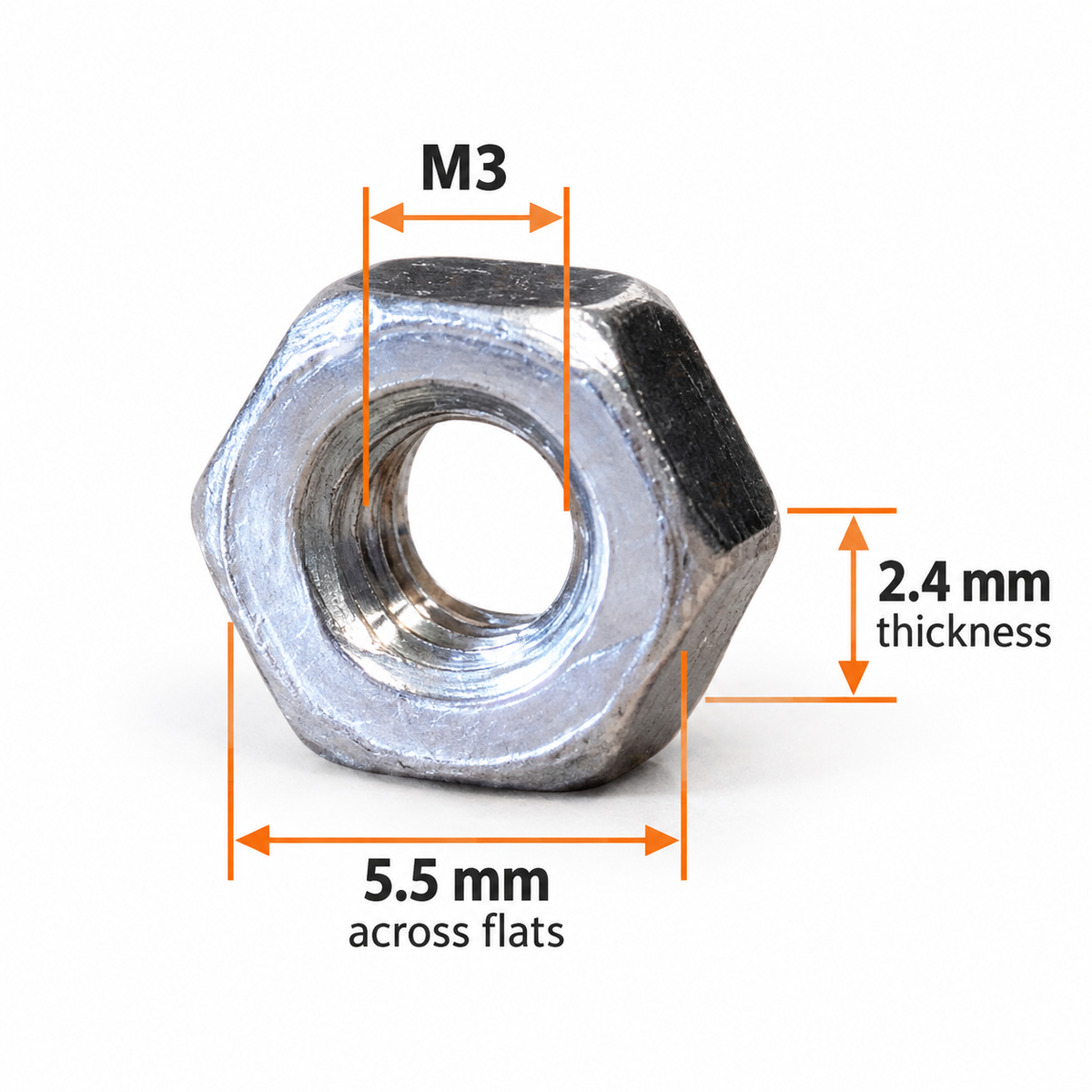 M3 hex nut with dimensions marked, 5.5 mm across flats and 2.4 mm thick