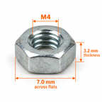 M4 hex nut with dimensions marked, 7.0 mm across flats and 3.2 mm thick