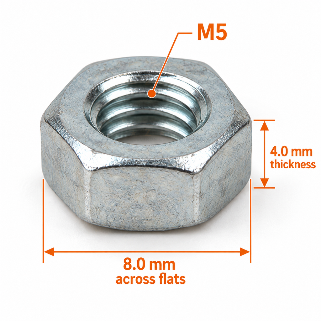 M5 hex nut with dimensions marked, 8.0 mm across flats and 4.0 mm thick