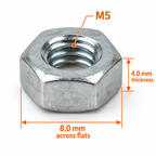 M5 hex nut with dimensions marked, 8.0 mm across flats and 4.0 mm thick