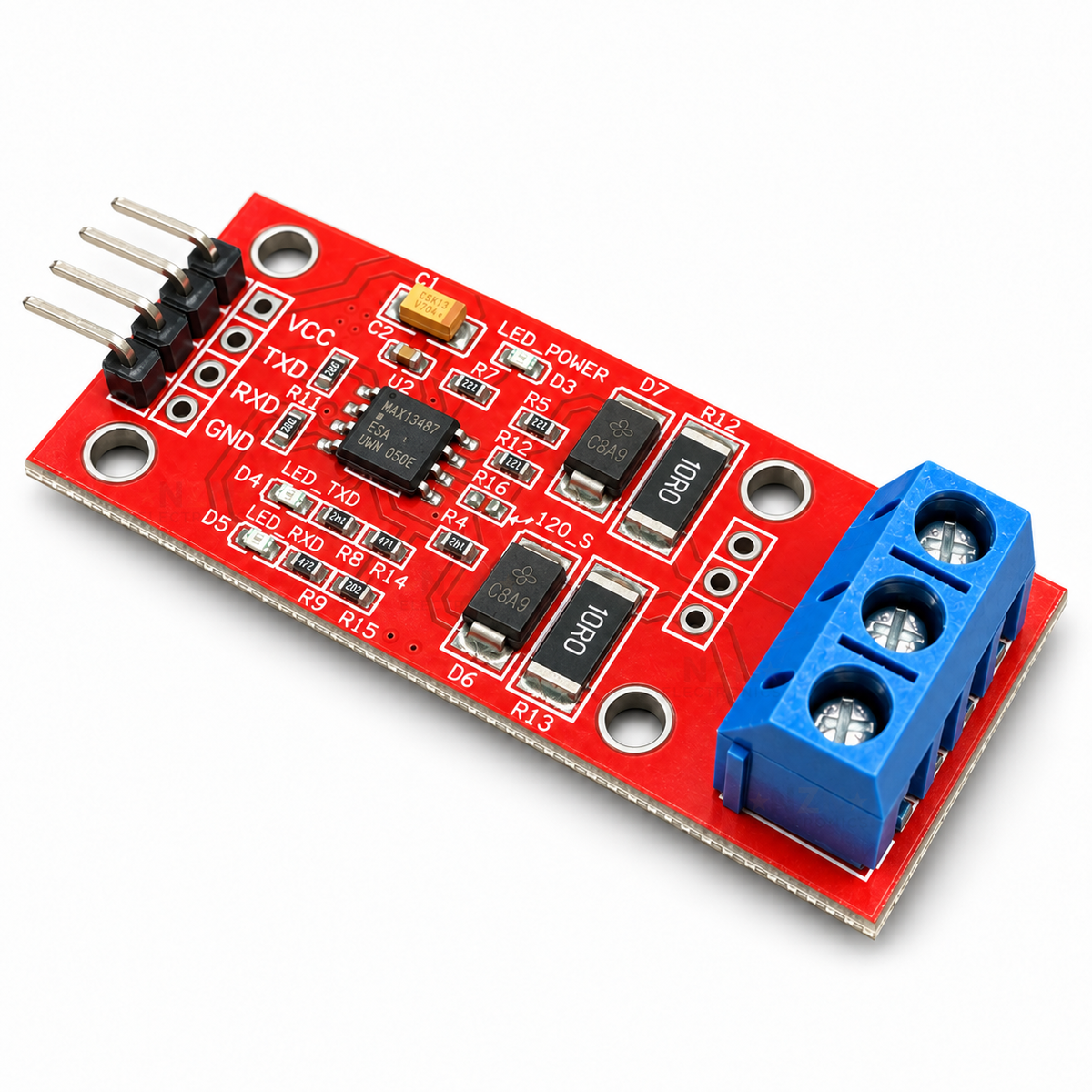 MAX13487 TTL to RS485 AutoDirection module with blue screw terminal in the foreground
