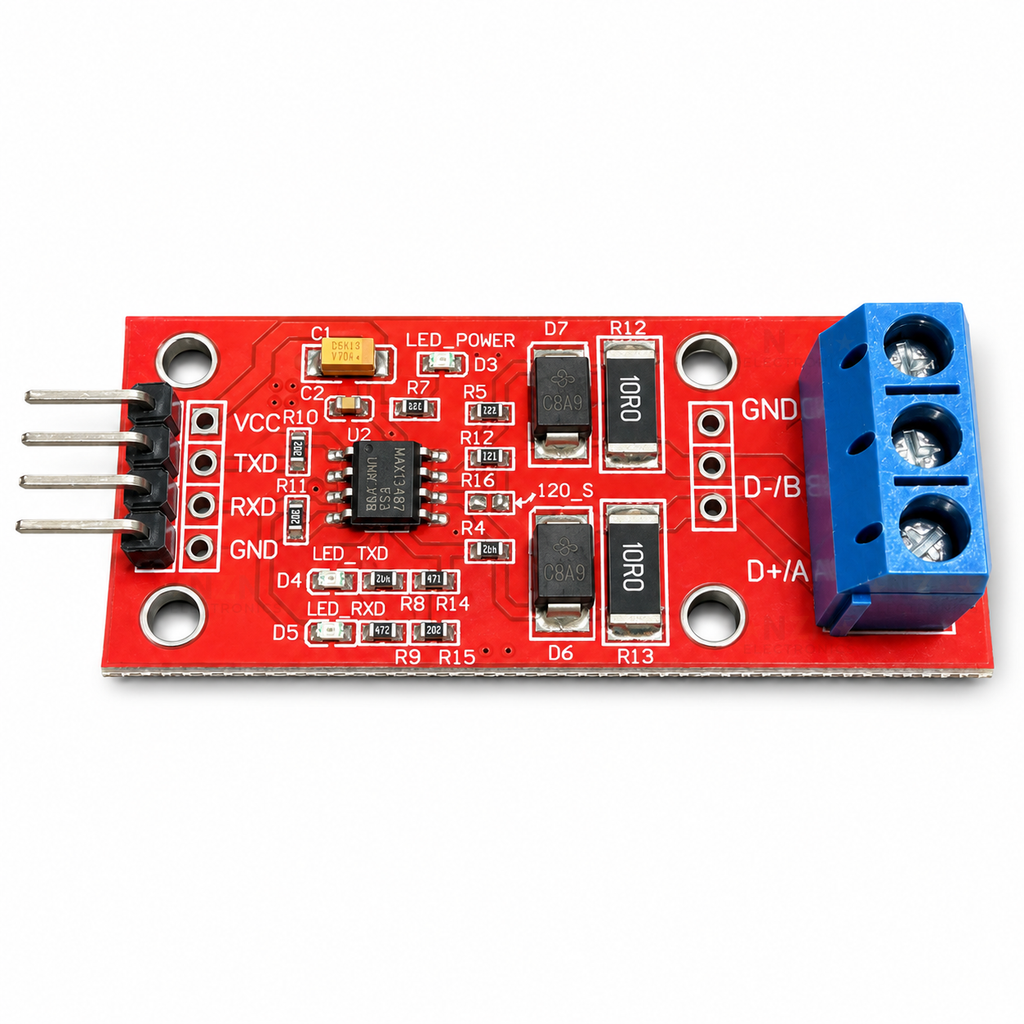 Broadside component view of the MAX13487 TTL to RS485 module showing labelled connections