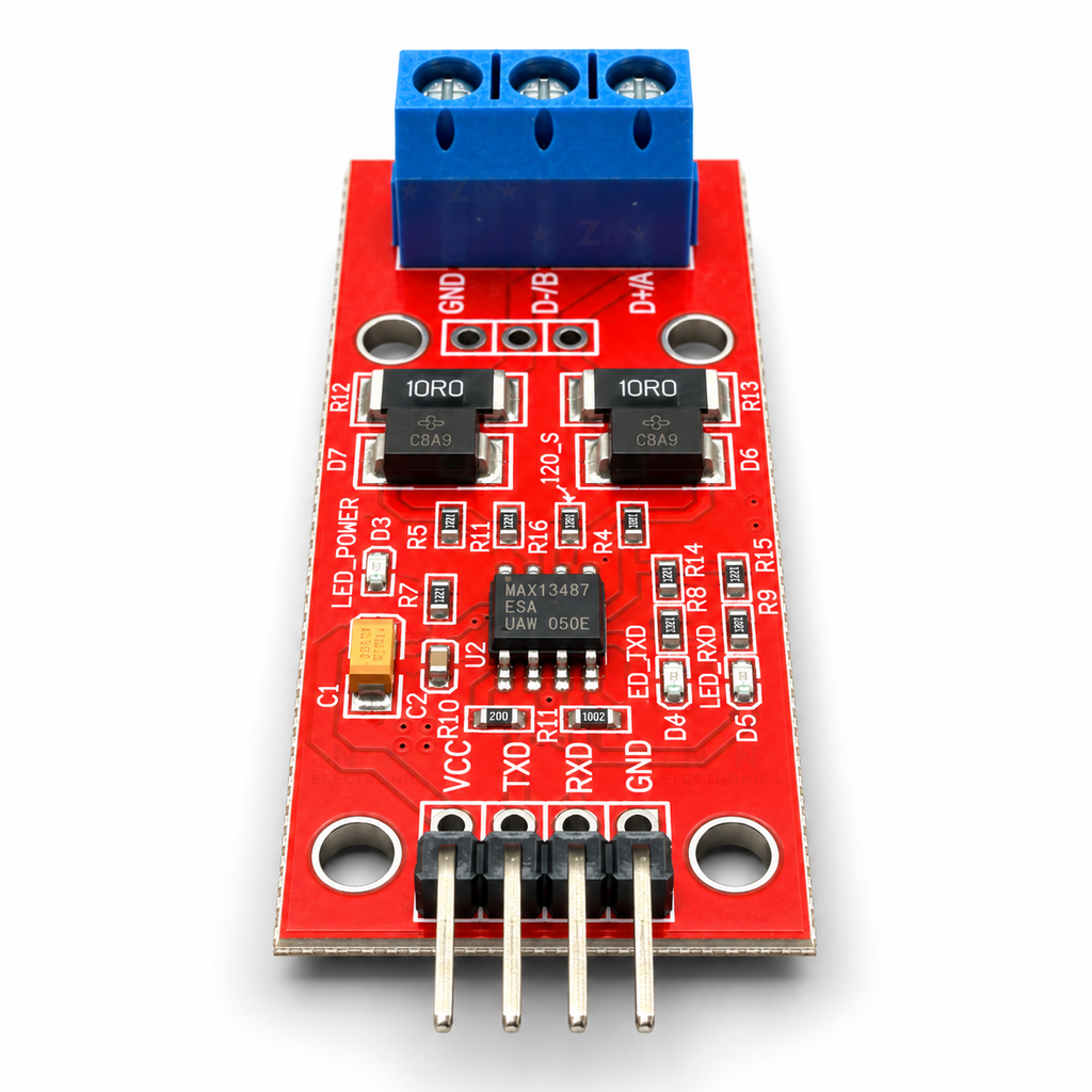 Header-end view of the MAX13487 module showing VCC, TXD, RXD and GND pins