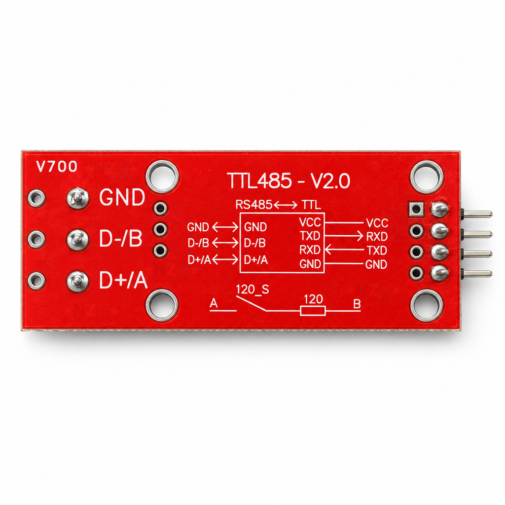Rear view of the TTL485 V2.0 board showing the printed pin map and 120 ohm termination diagram