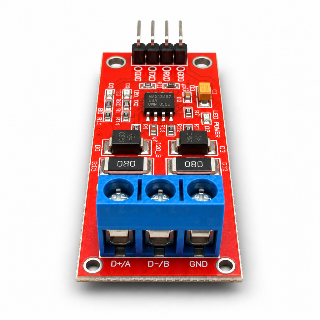 Terminal-end view of the MAX13487 RS485 module showing the three-position screw terminal