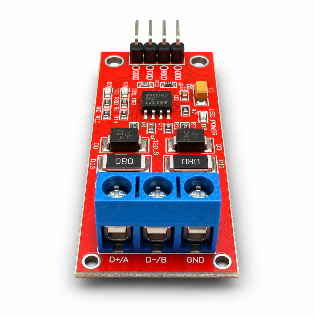 Terminal-end view of the MAX13487 RS485 module showing the three-position screw terminal