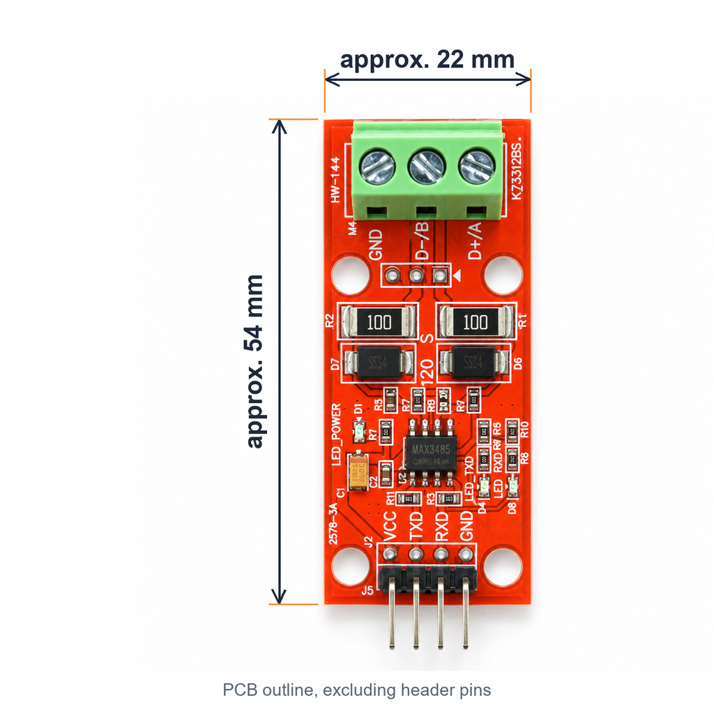 MAX3485 RS485 module dimensions: PCB approximately 54 mm long and 22 mm wide, excluding header pins