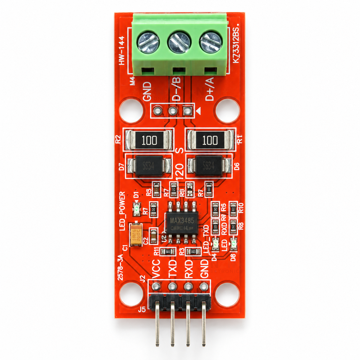 Front of the HW-144 RS485 board showing the GND, D-/B, D+/A terminal labels and the VCC, TXD, RXD, GND header labels