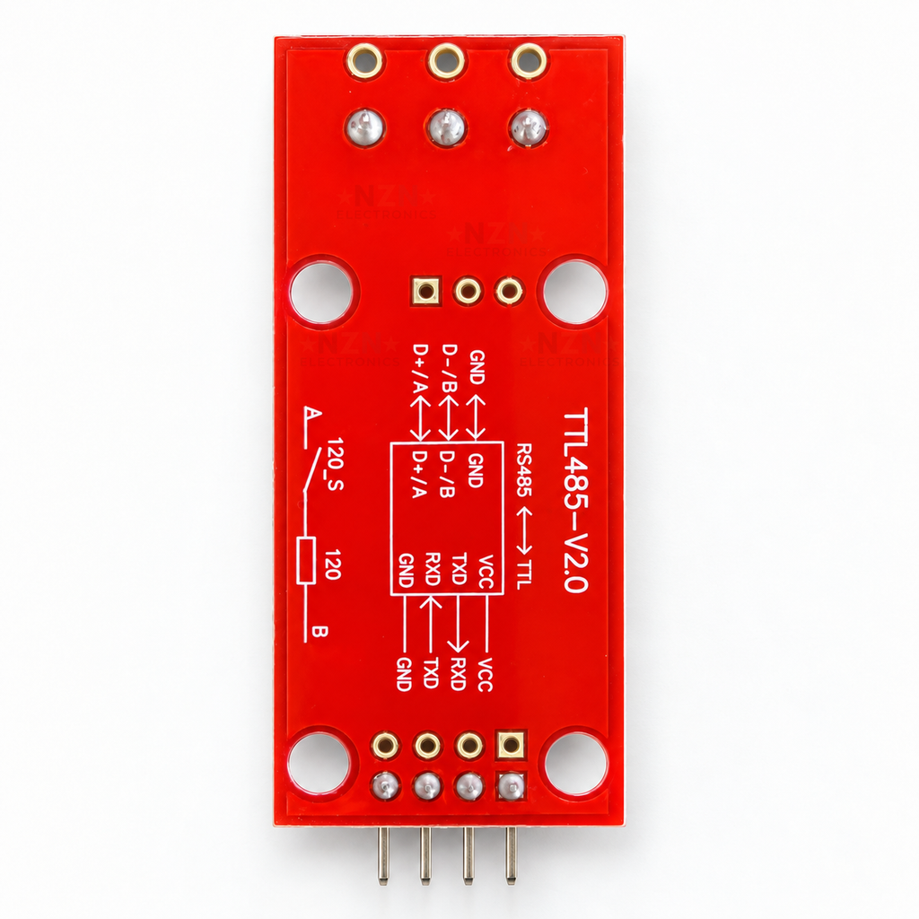 Underside of the TTL485-V2.0 board with the printed RS485 to TTL pin map and the 120_S termination diagram