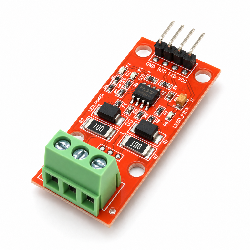 MAX3485 TTL to RS485 3.3V module with the green three-way bus terminal in the foreground and the four-pin GND, RXD, TXD, VCC header behind