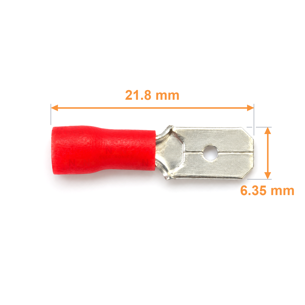 MDD1.25-250 male spade dimensions: overall length 21.8 mm, blade width 6.35 mm