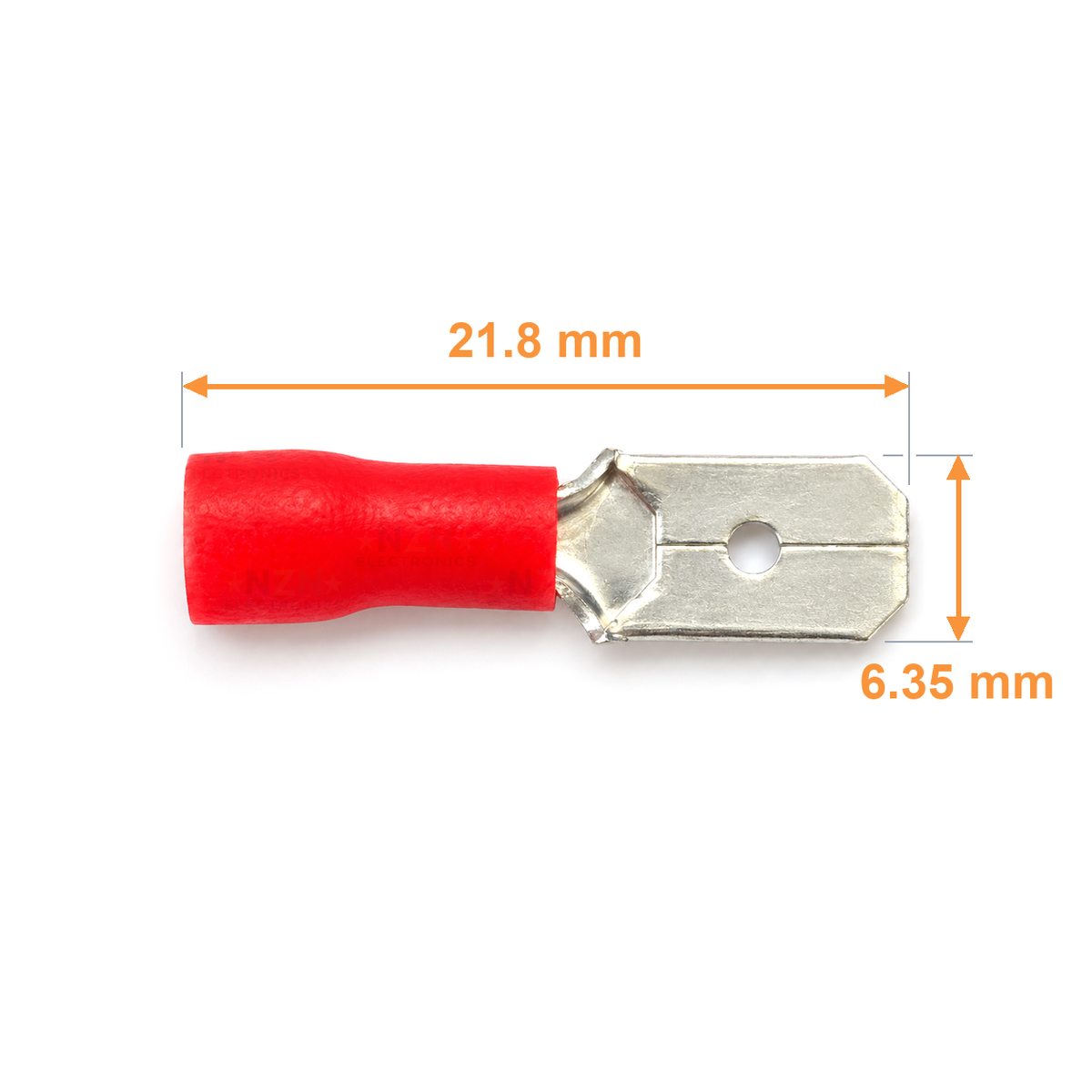 MDD1.25-250 male spade dimensions: overall length 21.8 mm, blade width 6.35 mm
