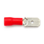 Top view of the red MDD1.25-250 male spade showing the blade groove, centre hole and chamfered tip