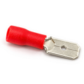 Red MDD1.25-250 male spade terminal with a bare 6.3 mm blade, detent hole and red insulated crimp barrel