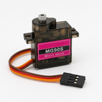 MG90S servo front three-quarter view with purple label, metal spline and 3-wire lead