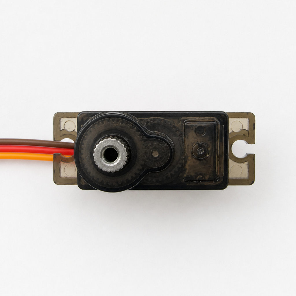 MG90S micro servo top view showing metal spline, translucent casing and mounting ears