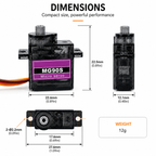 MG90S servo dimension guide showing 22.6 x 12.1 x 22.5 mm body and 12 g weight