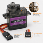 MG90S servo close-up showing metal gear train, purple model label and 3-pin plug
