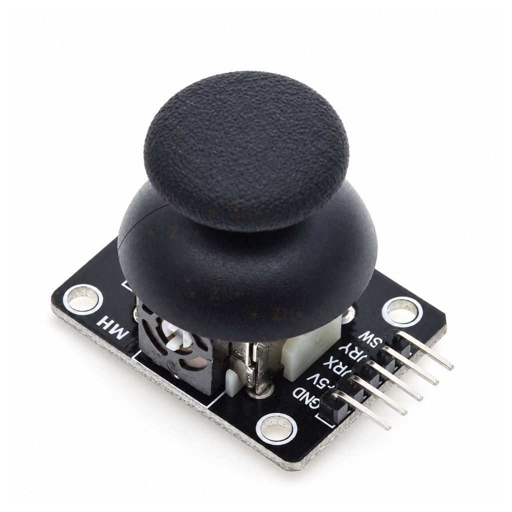 KY-023 XY joystick module with black thumb cap, push button and five labelled header pins