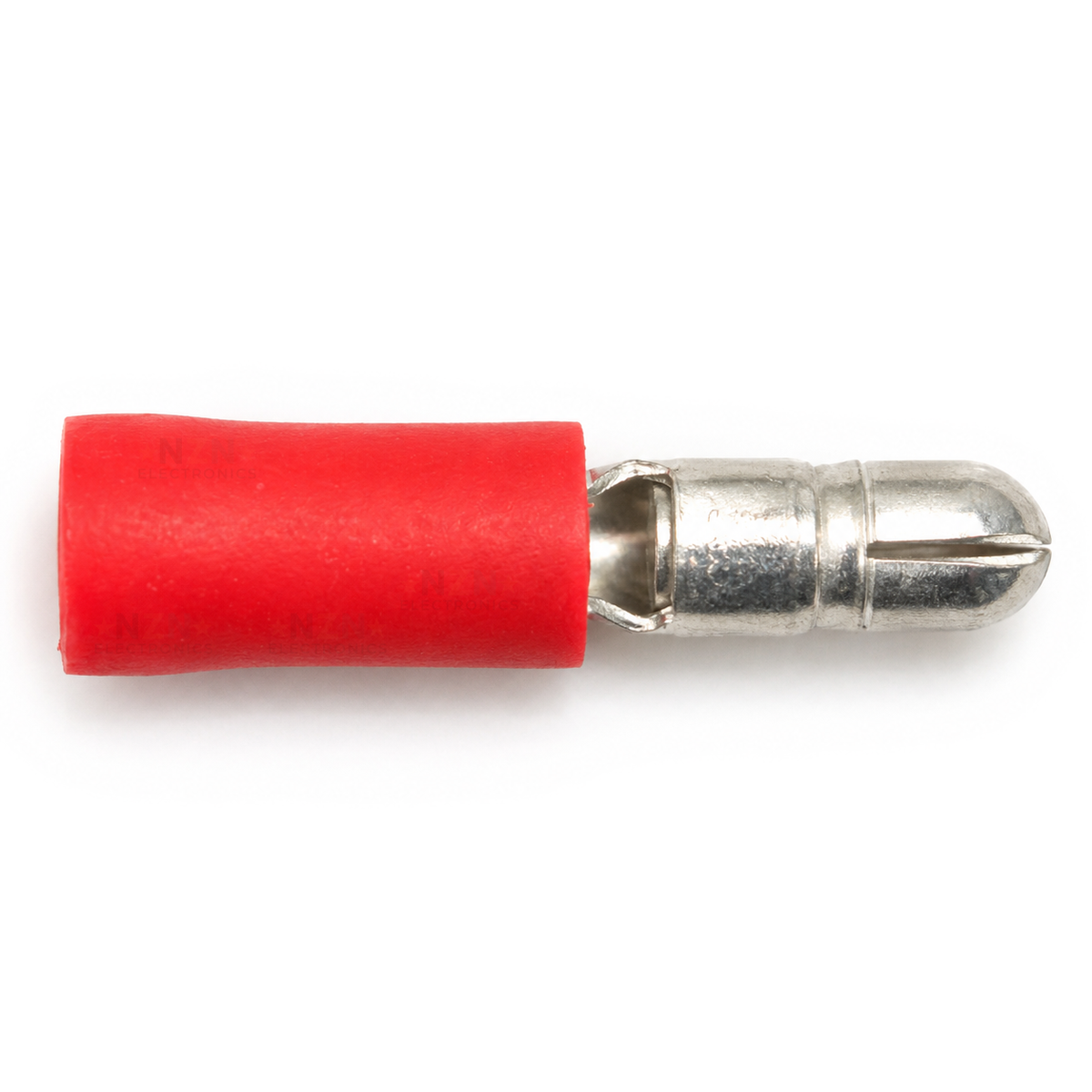 Top view of the red male bullet connector showing the sleeve, ring groove and domed bullet nose
