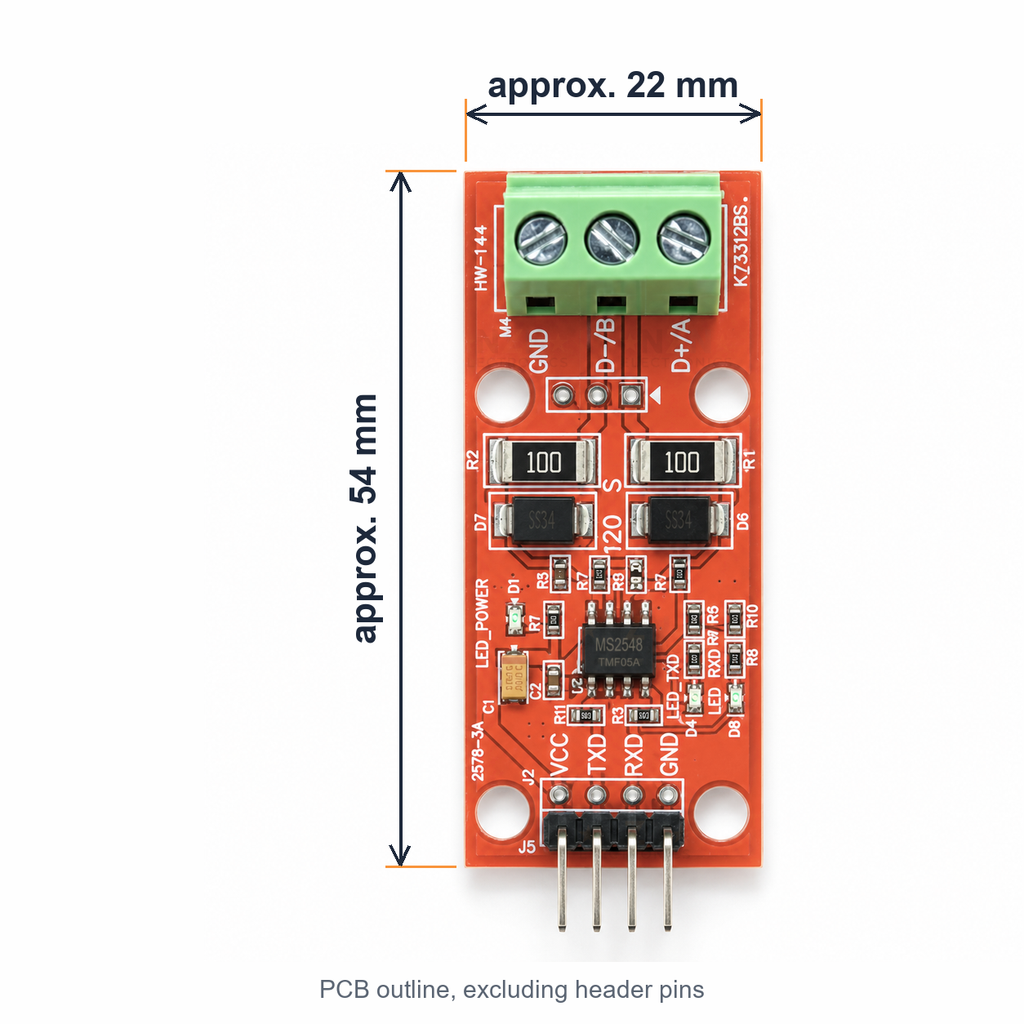 MS2548 RS485 module dimensions: PCB approximately 54 mm long and 22 mm wide, excluding header pins