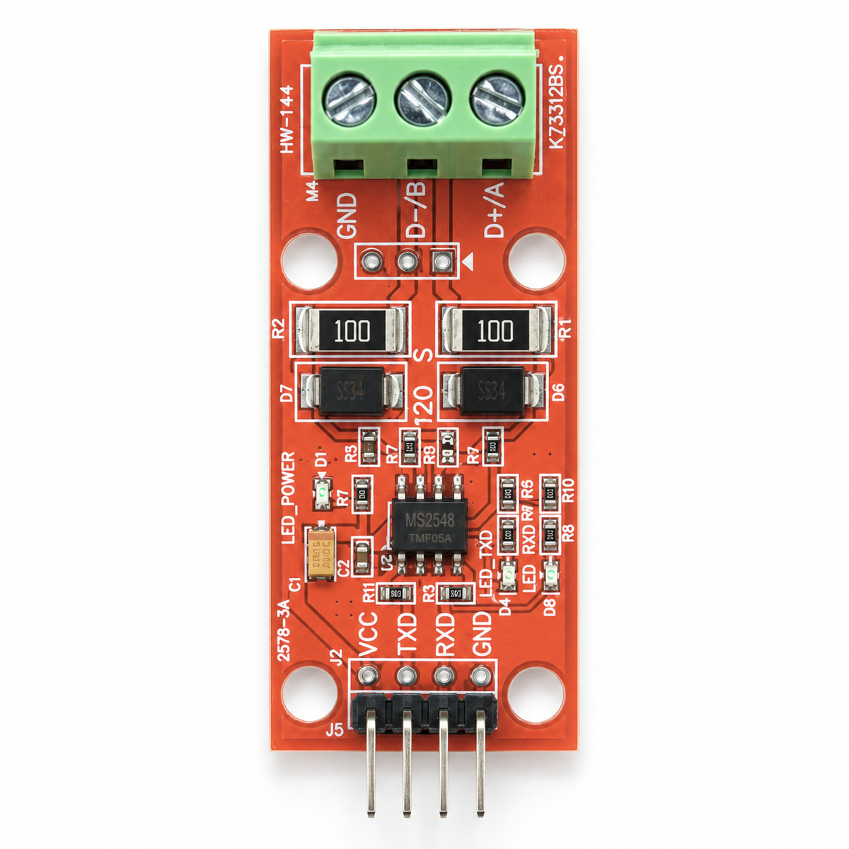 Front of the HW-144 RS485 board showing the GND, D-/B, D+/A terminal labels, the MS2548 transceiver and the VCC, TXD, RXD, GND header labels
