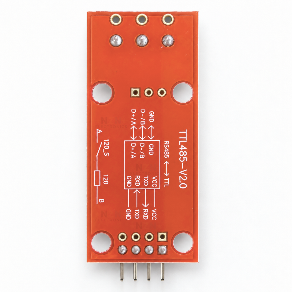 Underside of the TTL485-V2.0 board with the printed RS485 to TTL pin map and the 120_S termination diagram