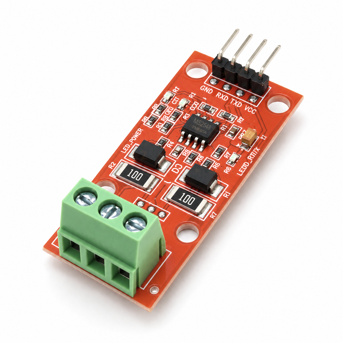 MS2548 TTL to RS485 5V module with the green three-way bus terminal in the foreground and the four-pin GND, RXD, TXD, VCC header behind
