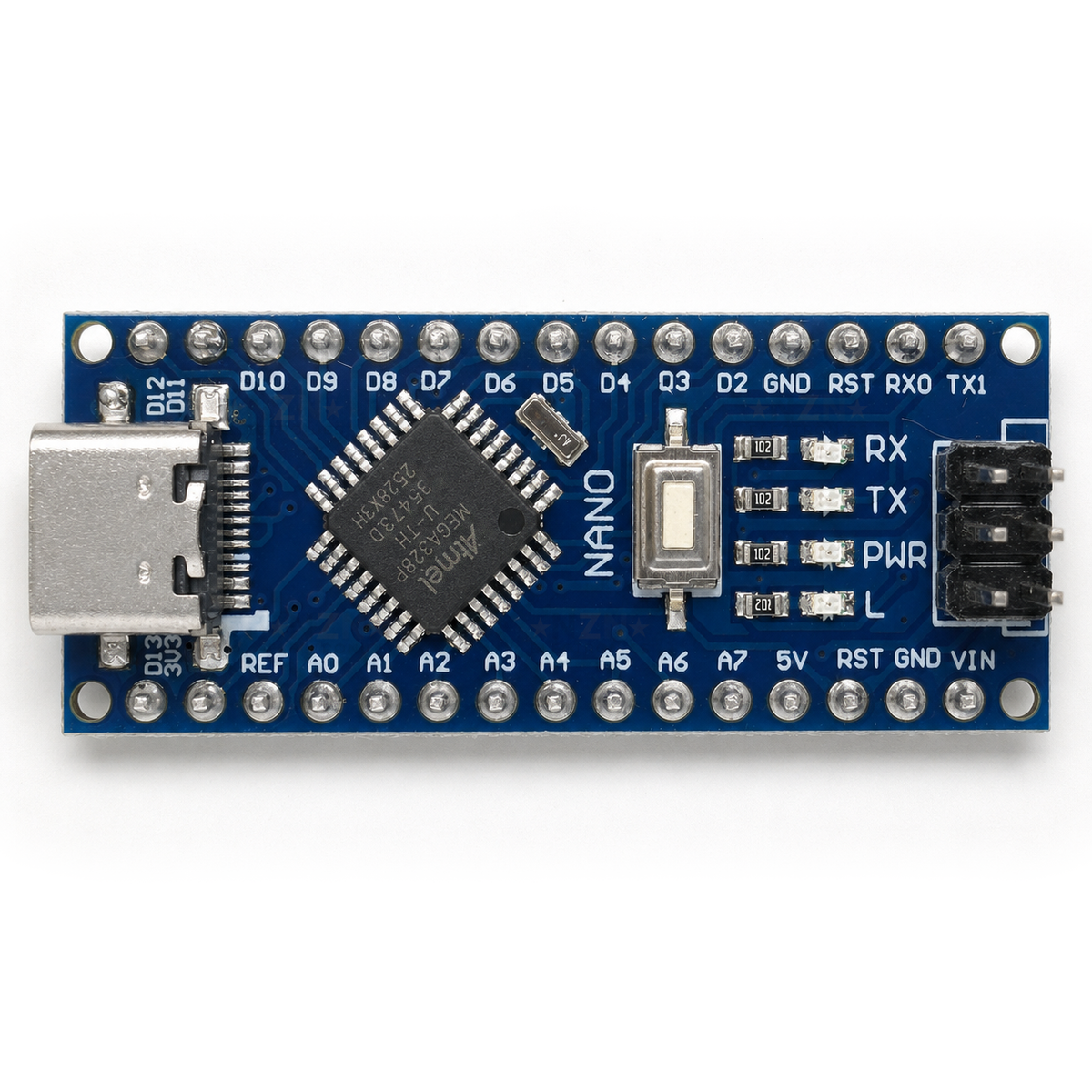 Overhead view of the soldered Nano V3 board showing its pin labels, controller and reset button