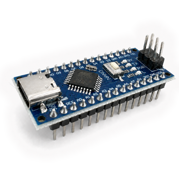 Nano V3 USB-C board with soldered headers, shown at a three-quarter angle