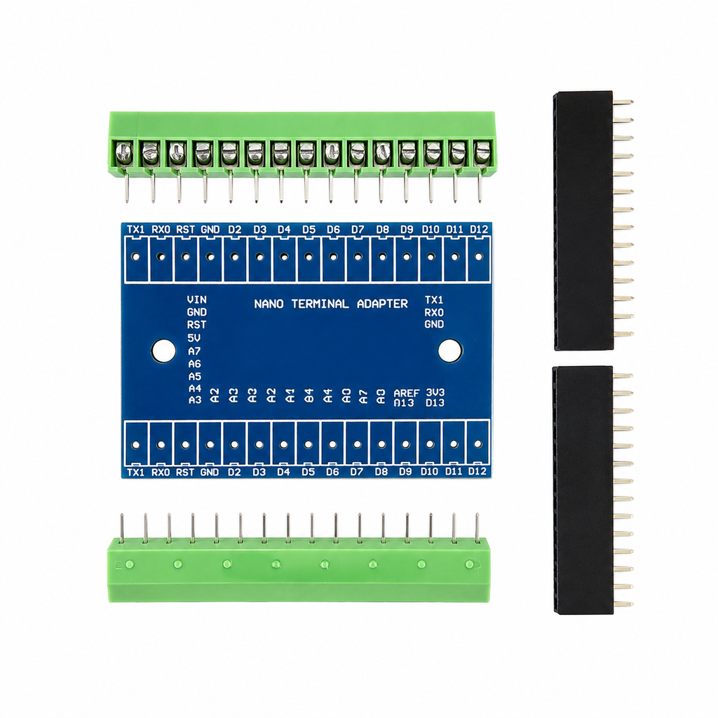 Nano Terminal Adapter pinout diagram with screw terminal blocks and header accessories
