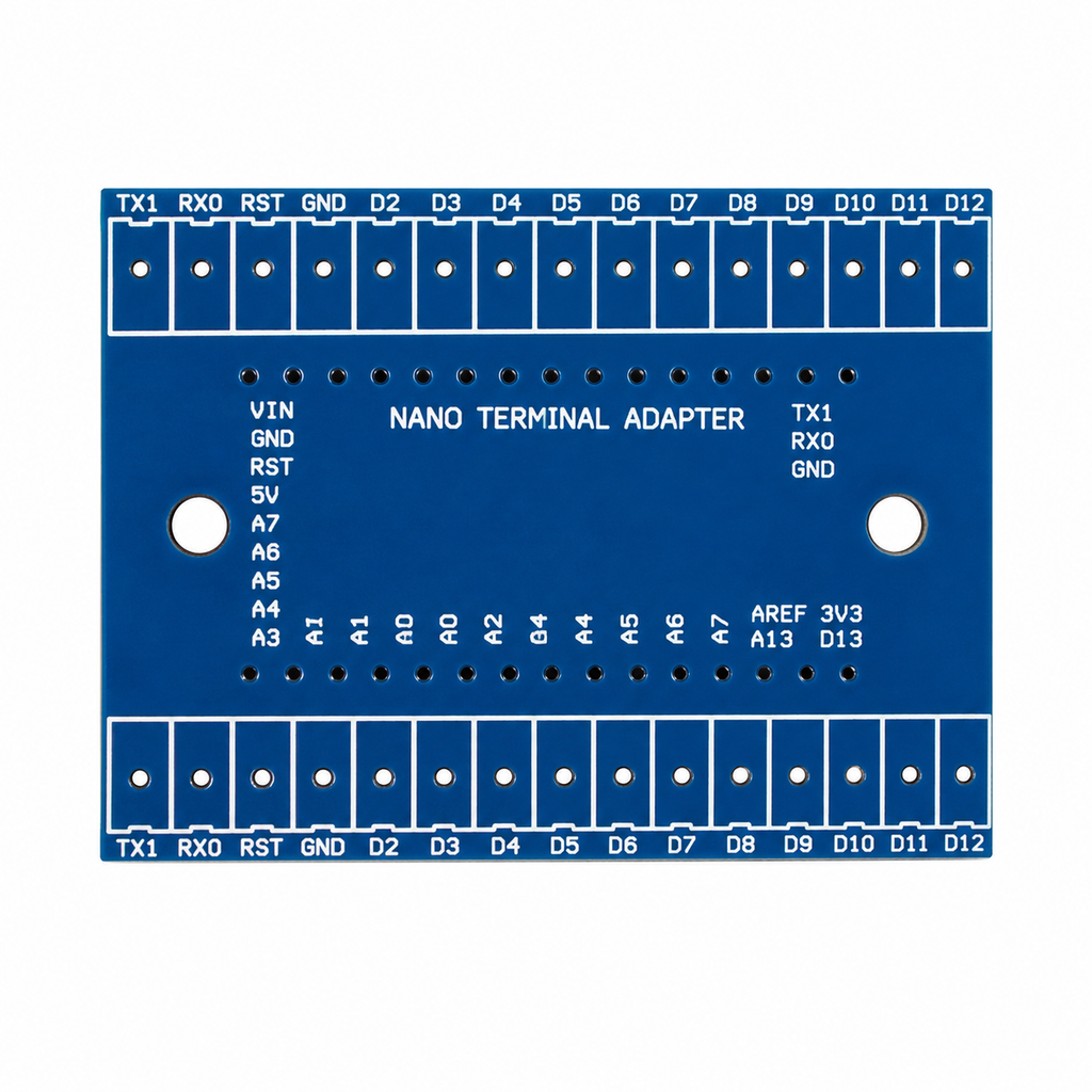 Nano Terminal Adapter top-down view showing full labelled Nano pinout