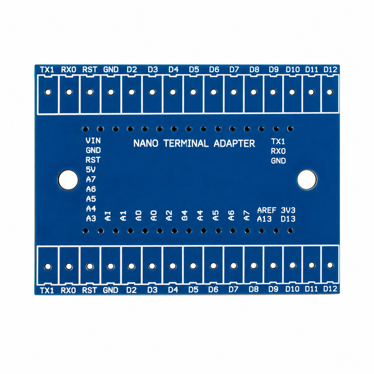 Nano Terminal Adapter top-down view showing full labelled Nano pinout
