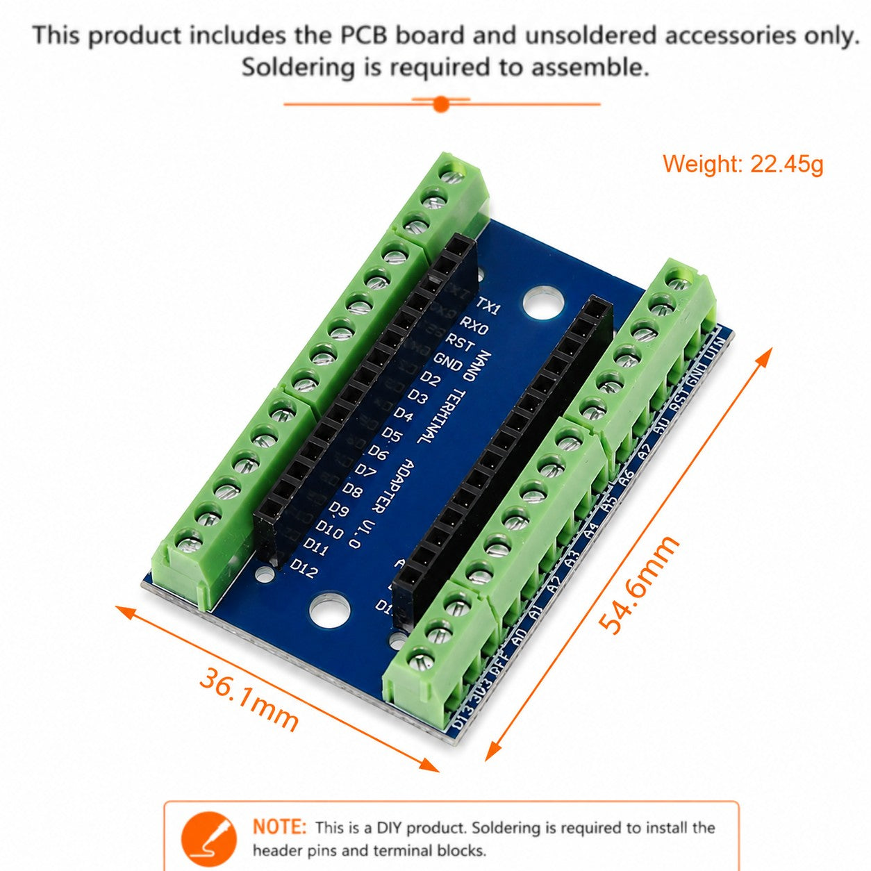 Nano Terminal Adapter unsoldered kit with dimensions 54.6 x 36.1mm and weight 22.45g