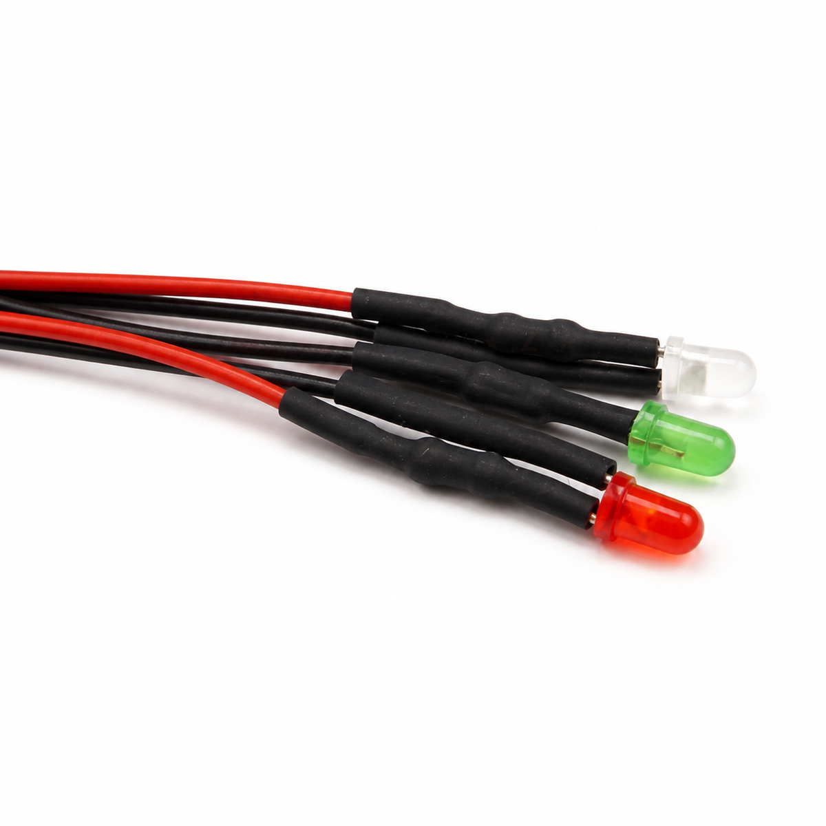 Red, green and white 3mm pre-wired diffused LED colour examples