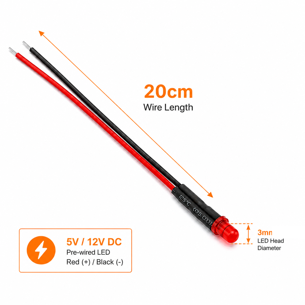 3mm pre-wired LED dimensions showing 20cm lead length and 3mm head