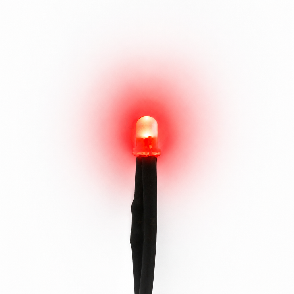 Red 3mm pre-wired diffused LED illuminated on a white background