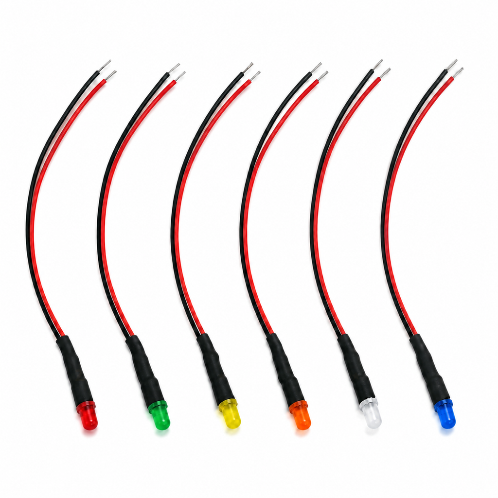 Six 3mm pre-wired diffused LEDs in red, green, yellow, orange, white and blue