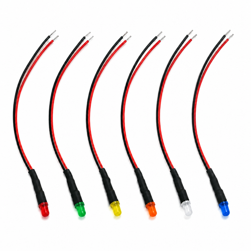 Six 3mm pre-wired diffused LEDs in red, green, yellow, orange, white and blue