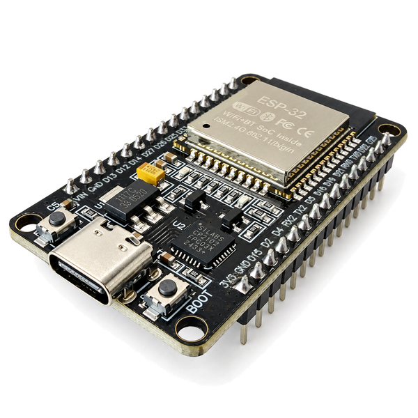 ESP32-WROOM-32 30-pin board at an angle, showing the USB-C port, CP2102 USB chip, module can and both 15-pin header rows