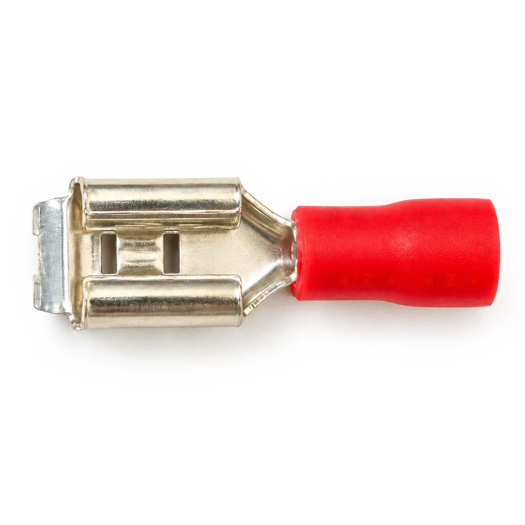 Top view of the piggyback spade receptacle showing the two rolled spring rails and red barrel sleeve