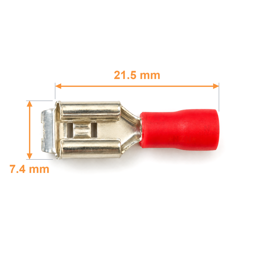 PBDD1.25-250 piggyback spade dimensions: length 21.5 mm excluding the angled tab, receptacle width 7.4 mm