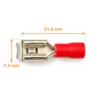 PBDD1.25-250 piggyback spade dimensions: length 21.5 mm excluding the angled tab, receptacle width 7.4 mm