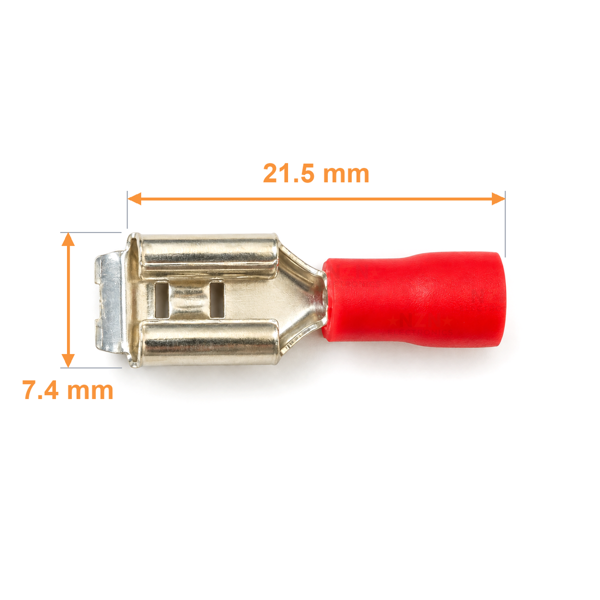 PBDD1.25-250 piggyback spade dimensions: length 21.5 mm excluding the angled tab, receptacle width 7.4 mm