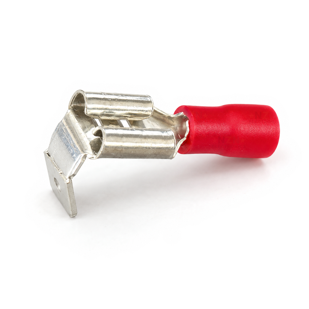 Red PBDD1.25-250 piggyback spade terminal: 6.3 mm female receptacle with an angled male tab for a second connection