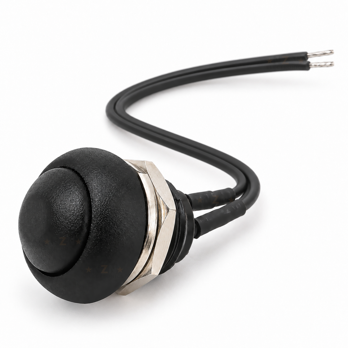 PBS-33B 12mm black momentary push button with two pre-soldered black leads in heat-shrink, tinned ends