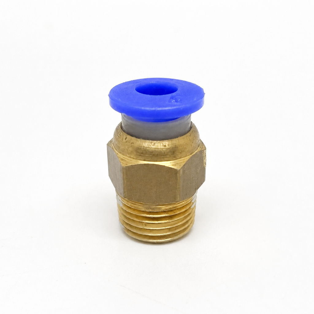 PC4-01 pneumatic coupler, brass body with blue push fit release collar and 1/8 inch BSP male thread