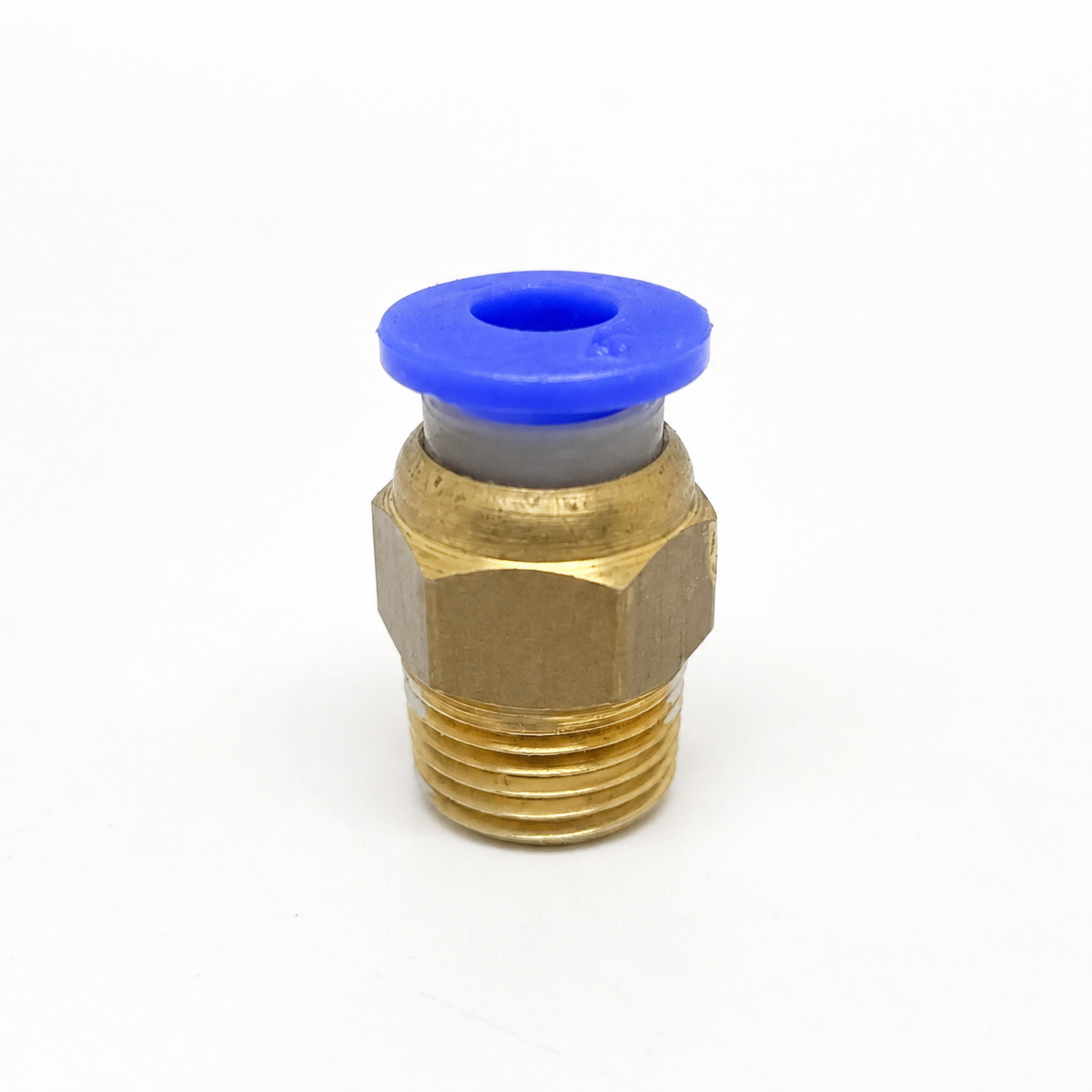 PC4-01 pneumatic coupler, brass body with blue push fit release collar and 1/8 inch BSP male thread