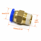 PC4-01 coupler dimensions, 4mm tube port and 1/8 inch BSPT thread on an 18.9mm long body