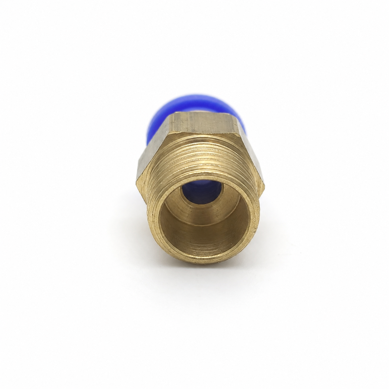 End on view of the PC4-01 coupler showing the 1/8 inch BSP male thread and 14mm brass hex